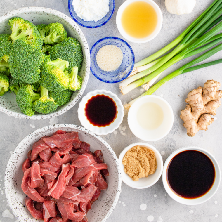 Ingredients needed for Panda Express Beef and Broccoli on kitchen table.