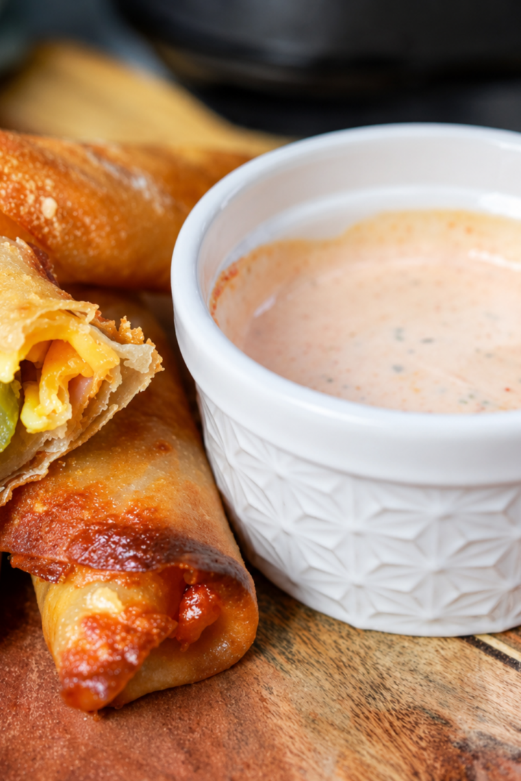 Stack of crispy air fryer ham and pickle egg rolls on a white plate