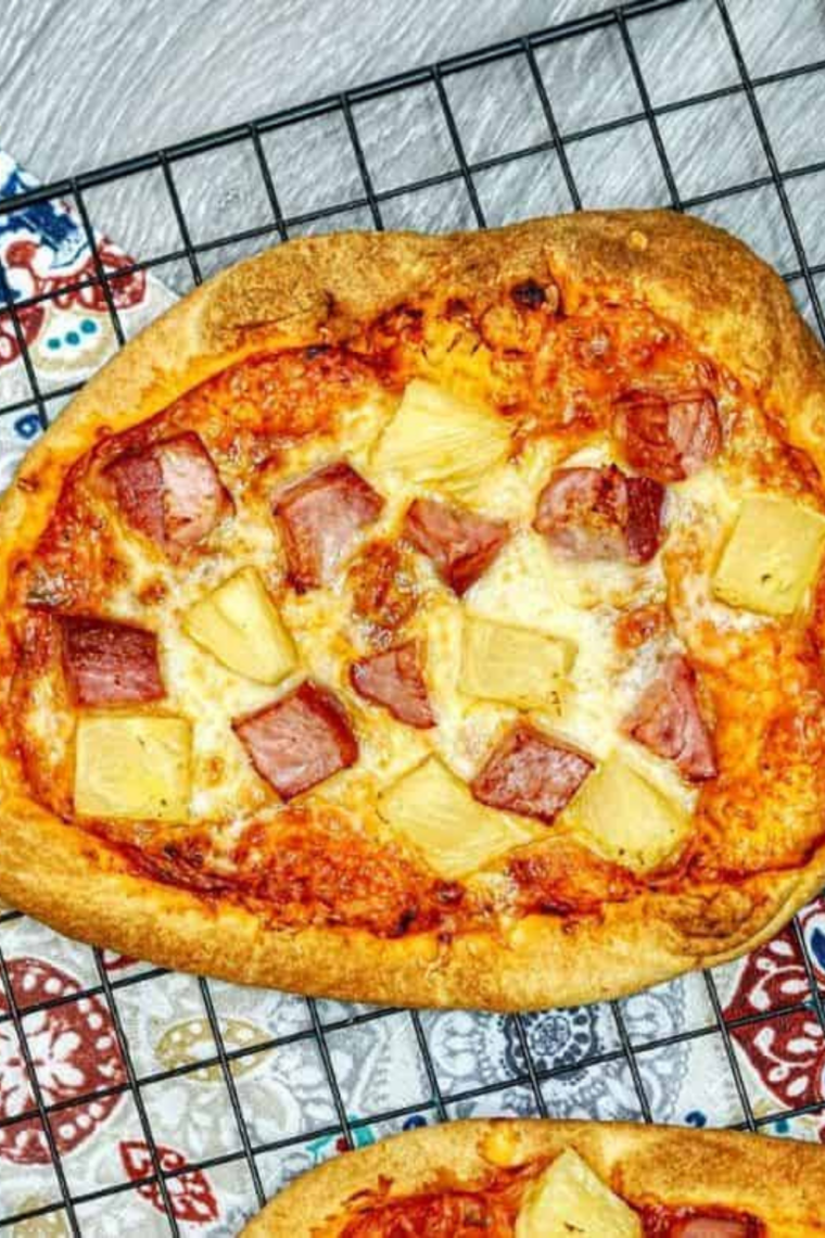 Close up of Hawaiian Pizza Flat Bread.