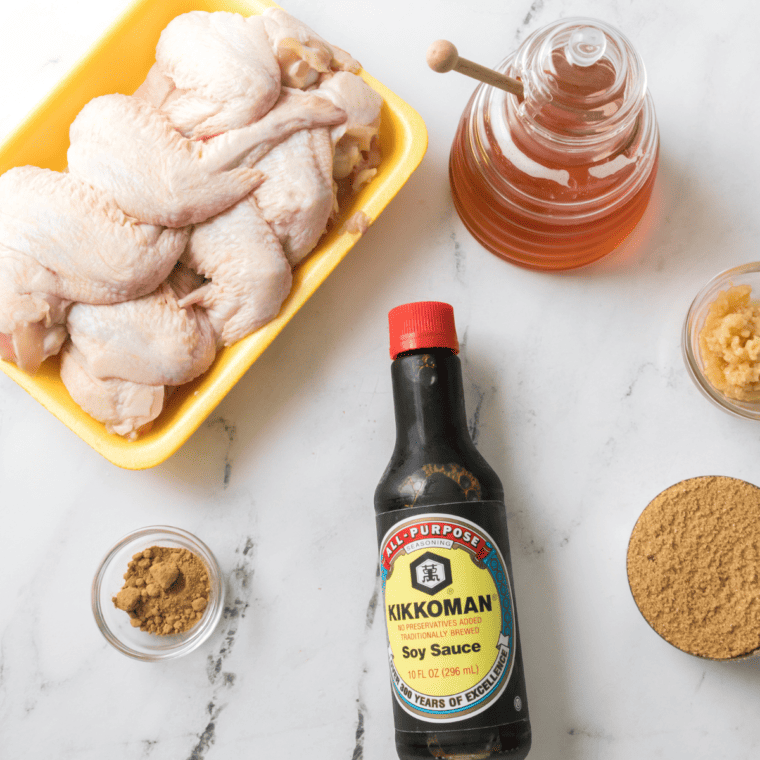 Ingredients Needed For Air Fryer Honey Garlic Chicken Wings on table.