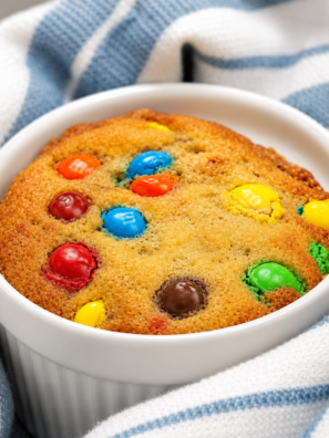 Air fryer M&M mug cake in a white ramekin, topped with colorful M&M candies