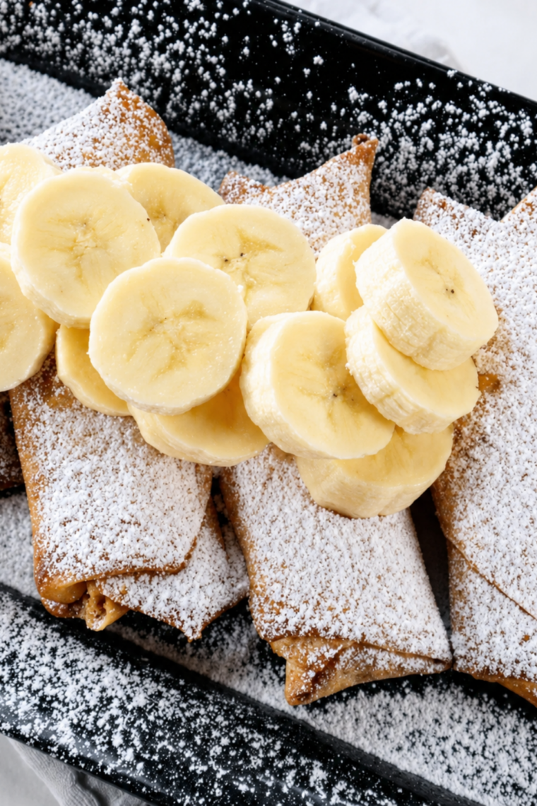 Crispy air fryer peanut butter banana egg rolls dusted with powdered sugar with caramel sauce for dipping