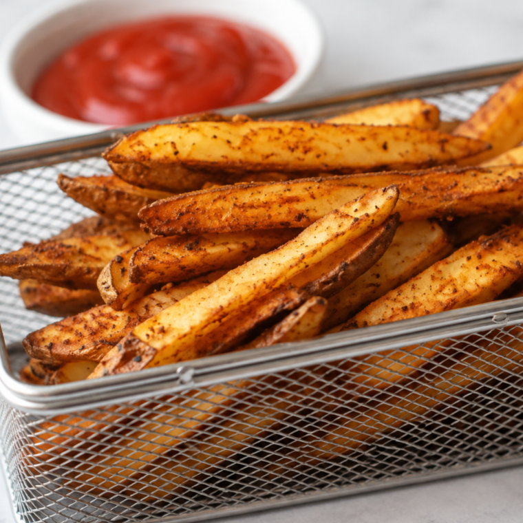 Plate of crispy air fryer spicy french fries with ketchup in the background