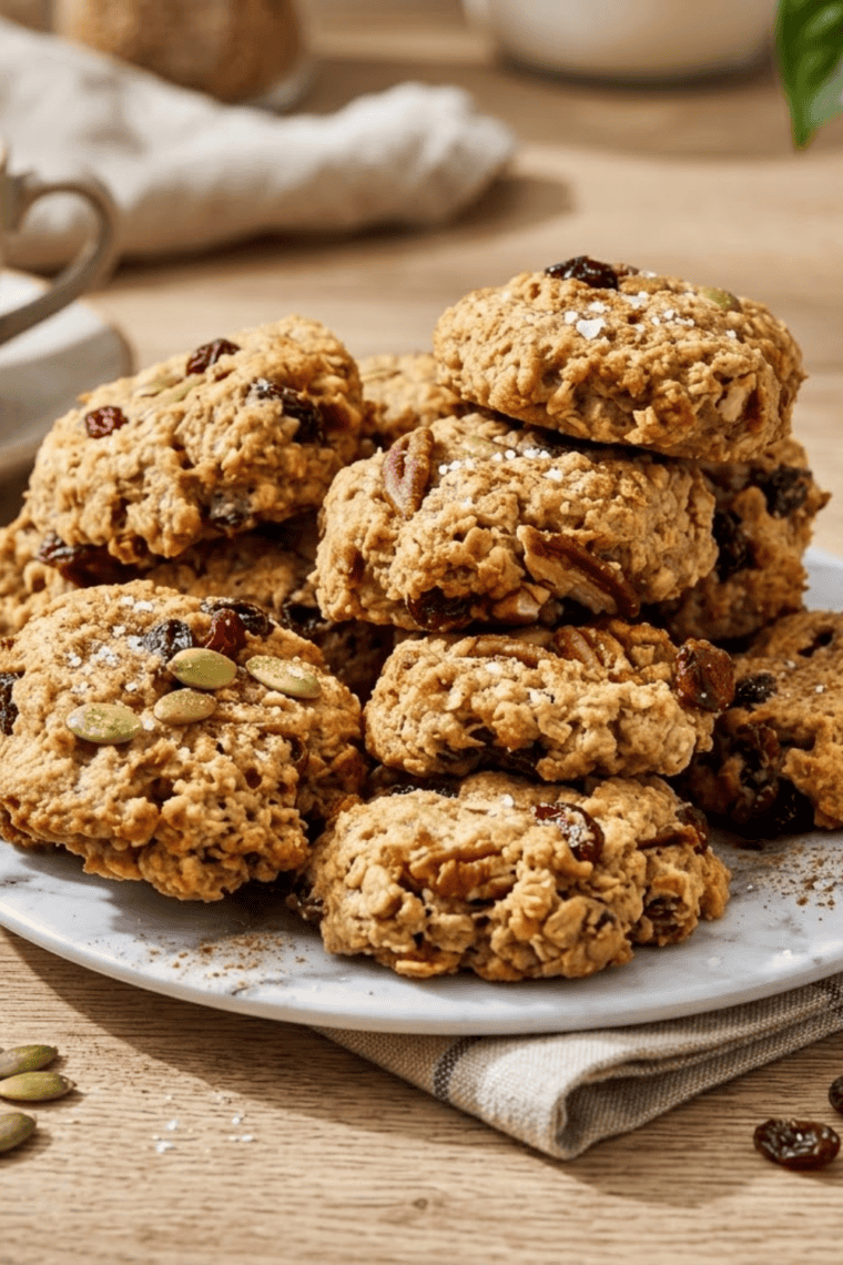 Soft and chewy air fryer breakfast cookies loaded with oats, nuts, and dried fruit.
