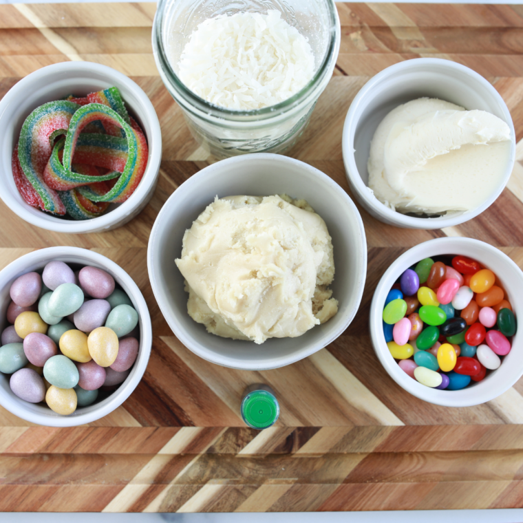 Ingredients needed for Air Fryer Easter Basket Cookie Cups on kitchen table.