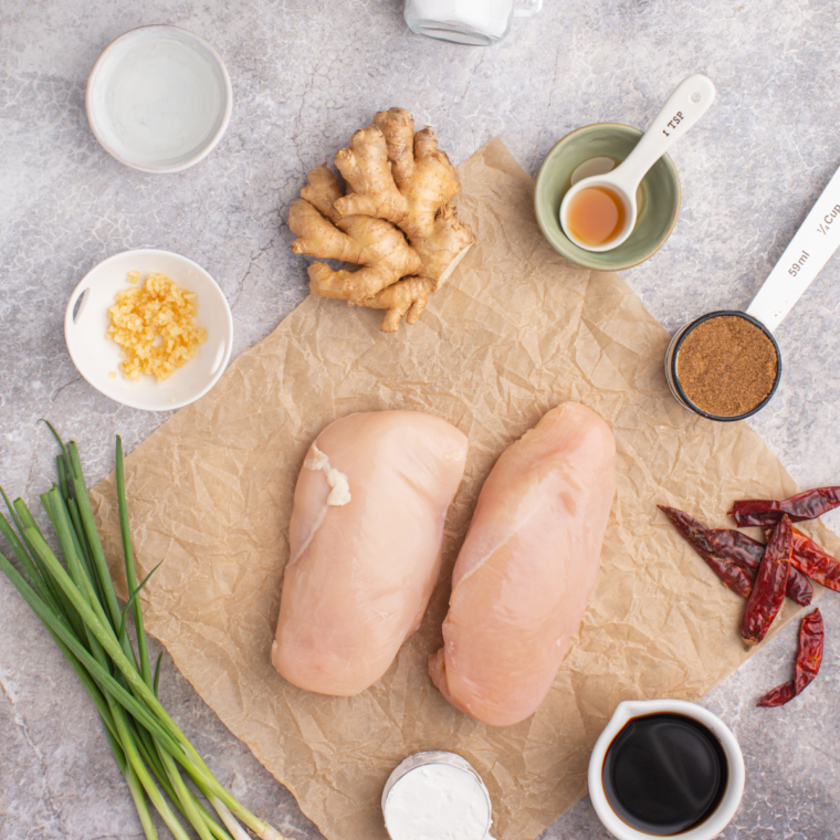 Ingredients needed for Air Fryer Mongolian Chicken on kitchen table.