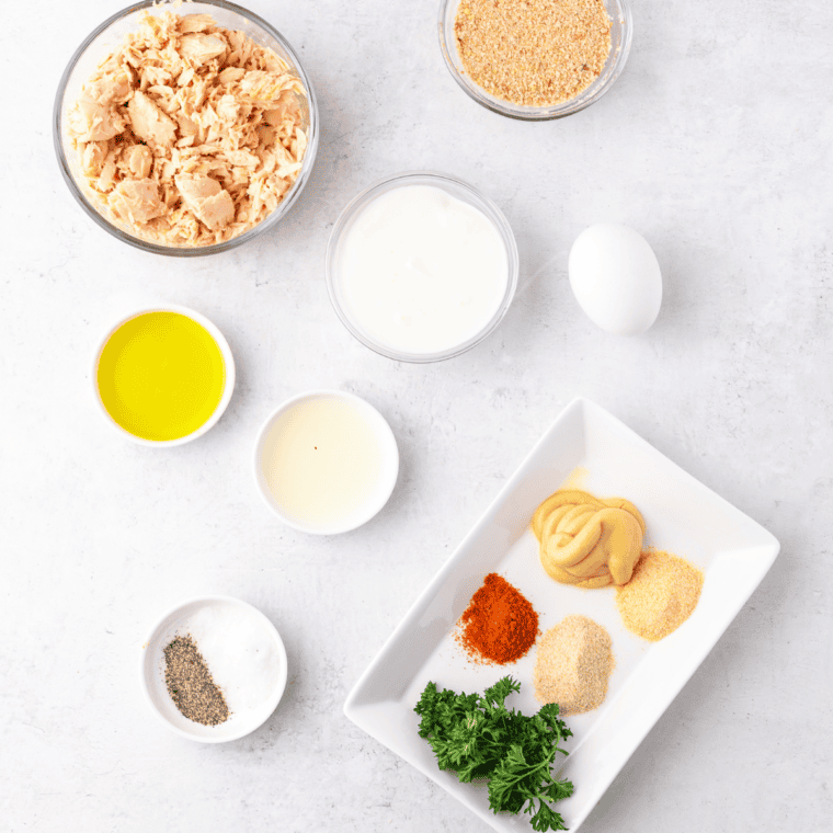 Ingredients needed for Air fryer Salmon Patties Using Canned Salmon on kitchen table.
