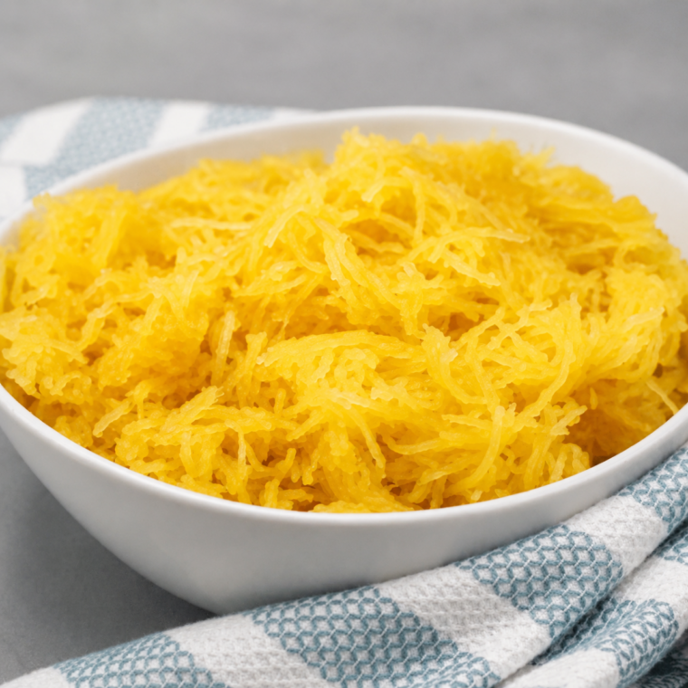 Cooked spaghetti squash strands in a bowl with a fork resting on the rim