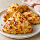 Air fryer cheddar bacon scones on a wire rack, golden tops flecked with melted cheddar and crisp bacon