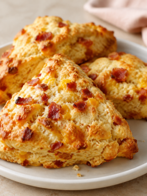 Air fryer cheddar bacon scones on a wire rack, golden tops flecked with melted cheddar and crisp bacon