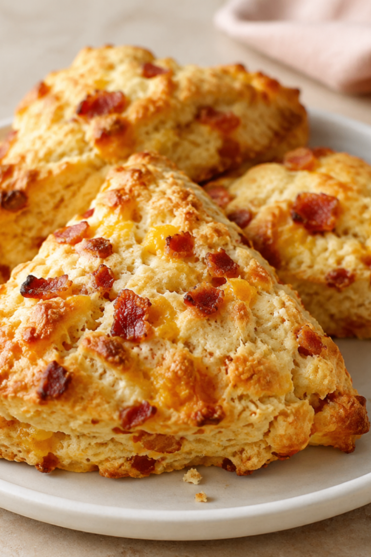 A plate of air fryer cheddar bacon scones with apple, golden and flaky