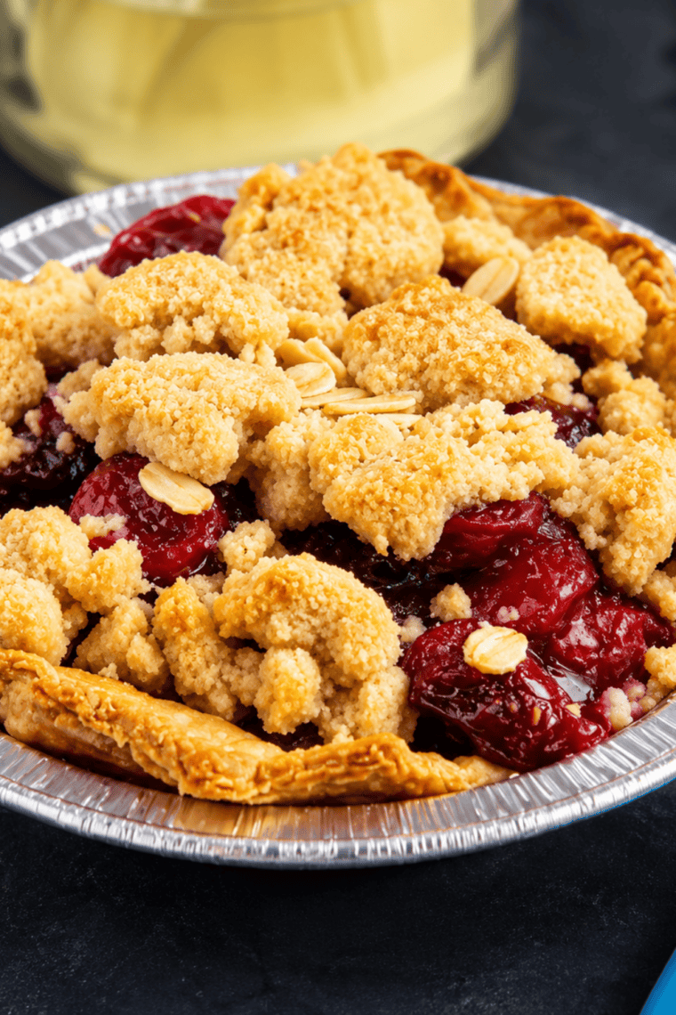 Close-up of air fryer cherry crumb pie, a mini pie with golden oat crumble topping over sweet cherry filling