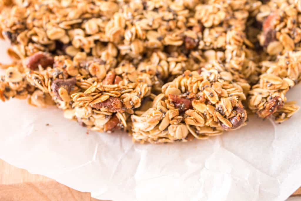 Chocolate Chip Granola on parchment paper on table