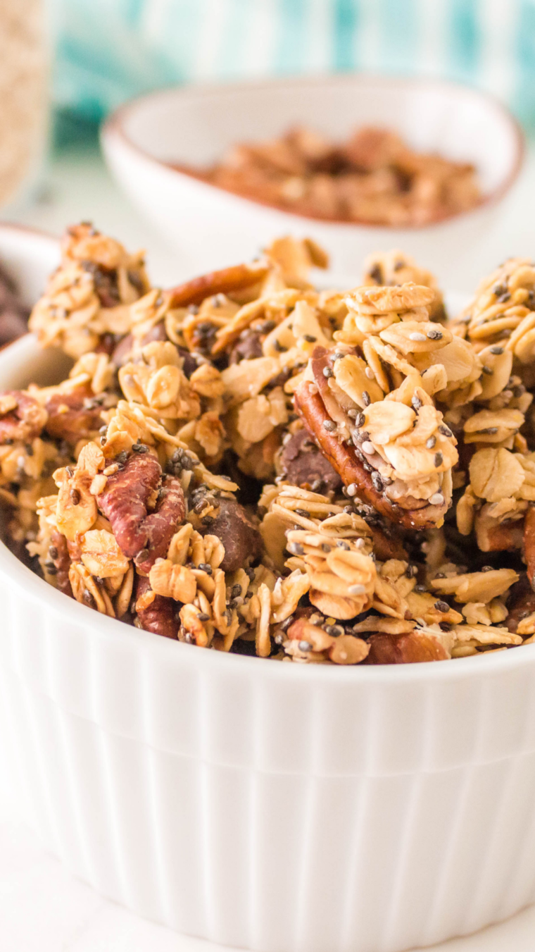 View of Chocolate Chip Granola in a bowl