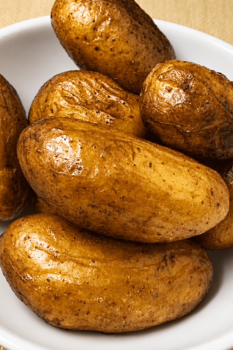 Whole roasted fingerling potatoes from the air fryer, skins wrinkled and golden