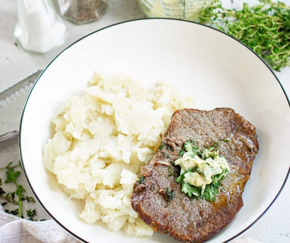 Place steak in the air fryer basket, in a single layer, and cook in the air fryer for 5-10 minutes. Turn the steak on the other side and cook for another 4 minutes.