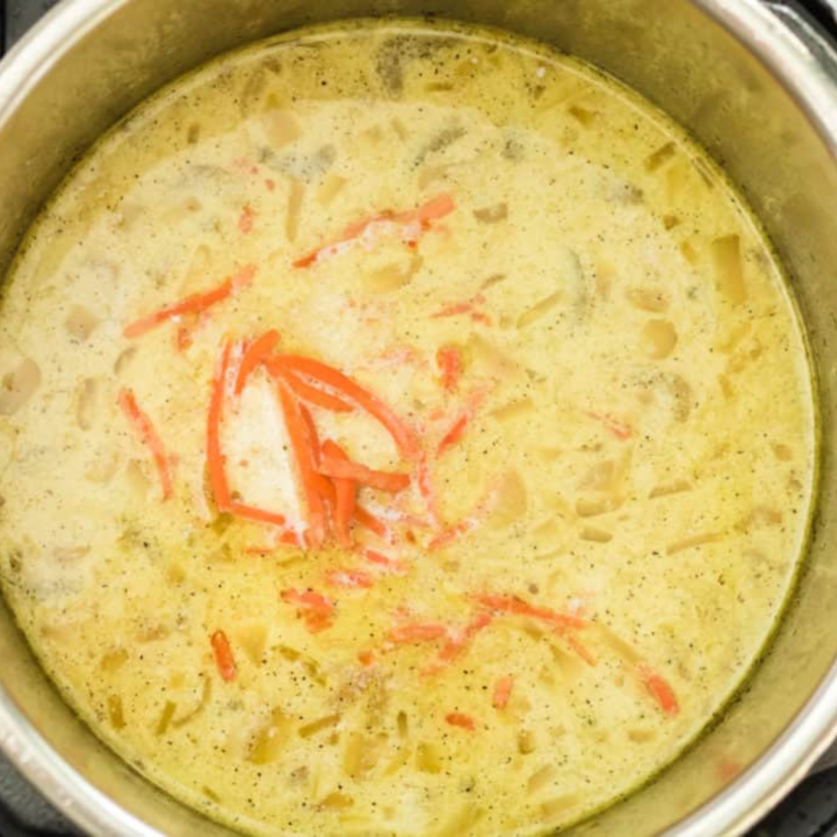 "Finished bowl of Chicken Gnocchi Soup served with a sprinkle of Parmesan cheese and fresh herbs."