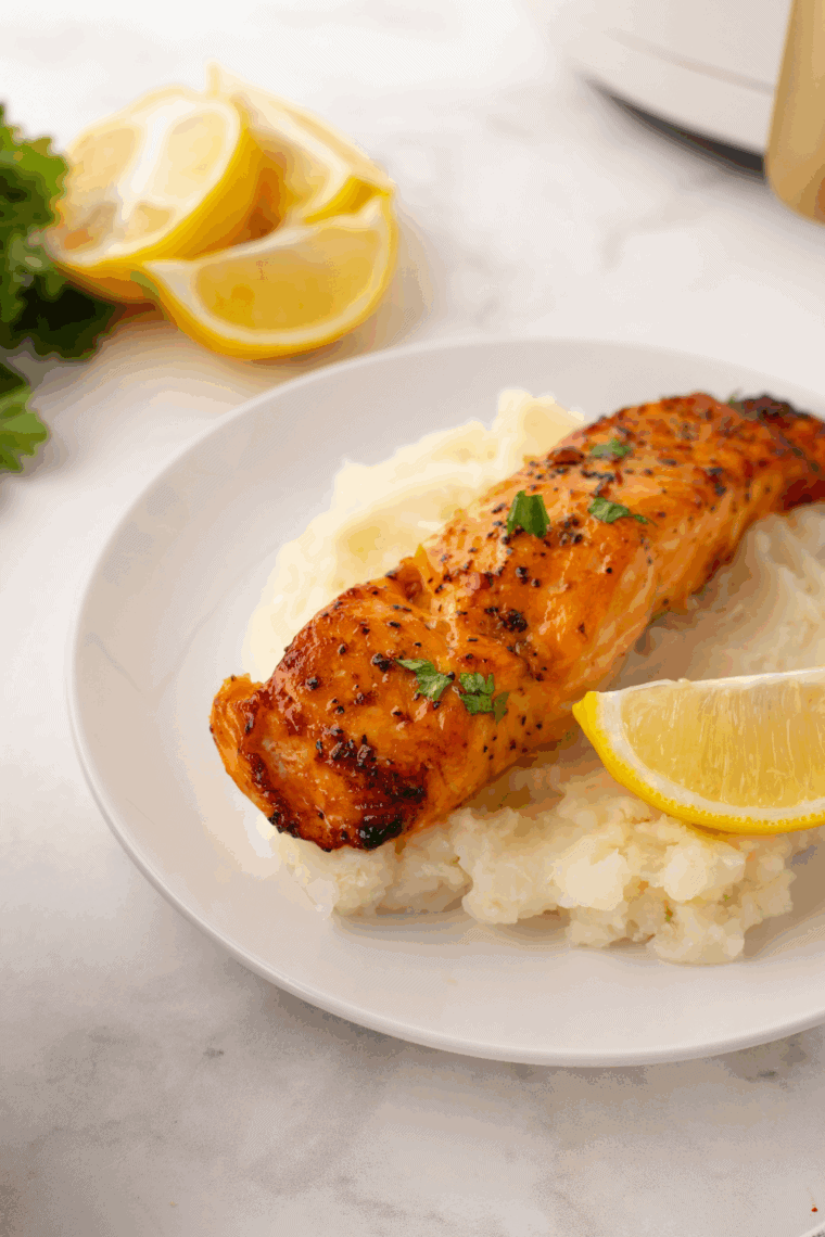 Air fryer brown sugar glazed salmon fillets with golden caramelized glaze