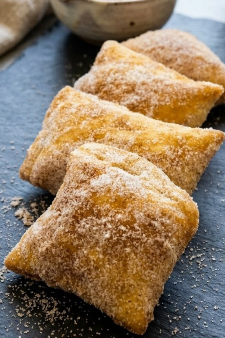Air fryer puff pastry churro bites cooked until golden brown and crispy then rolled in cinnamon sugar for a fast easy dessert snack