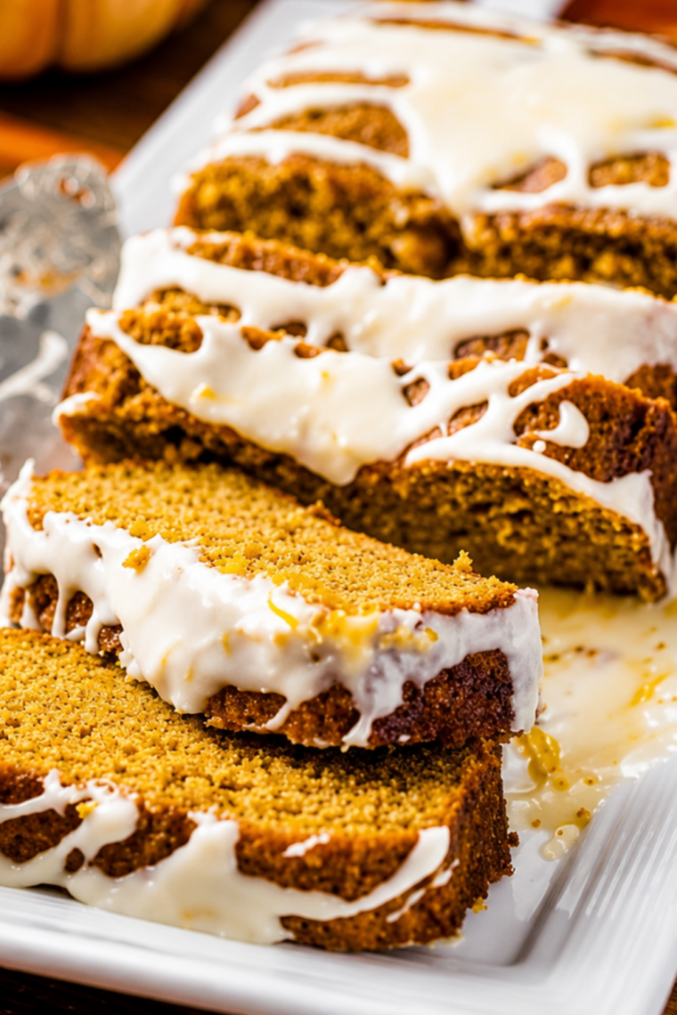 Close-up of a moist slice of gluten-free pumpkin banana bread showing pecans