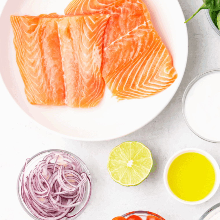 Ingredients needed for Air Fryer Maple Glazed Salmo on kitchen table.