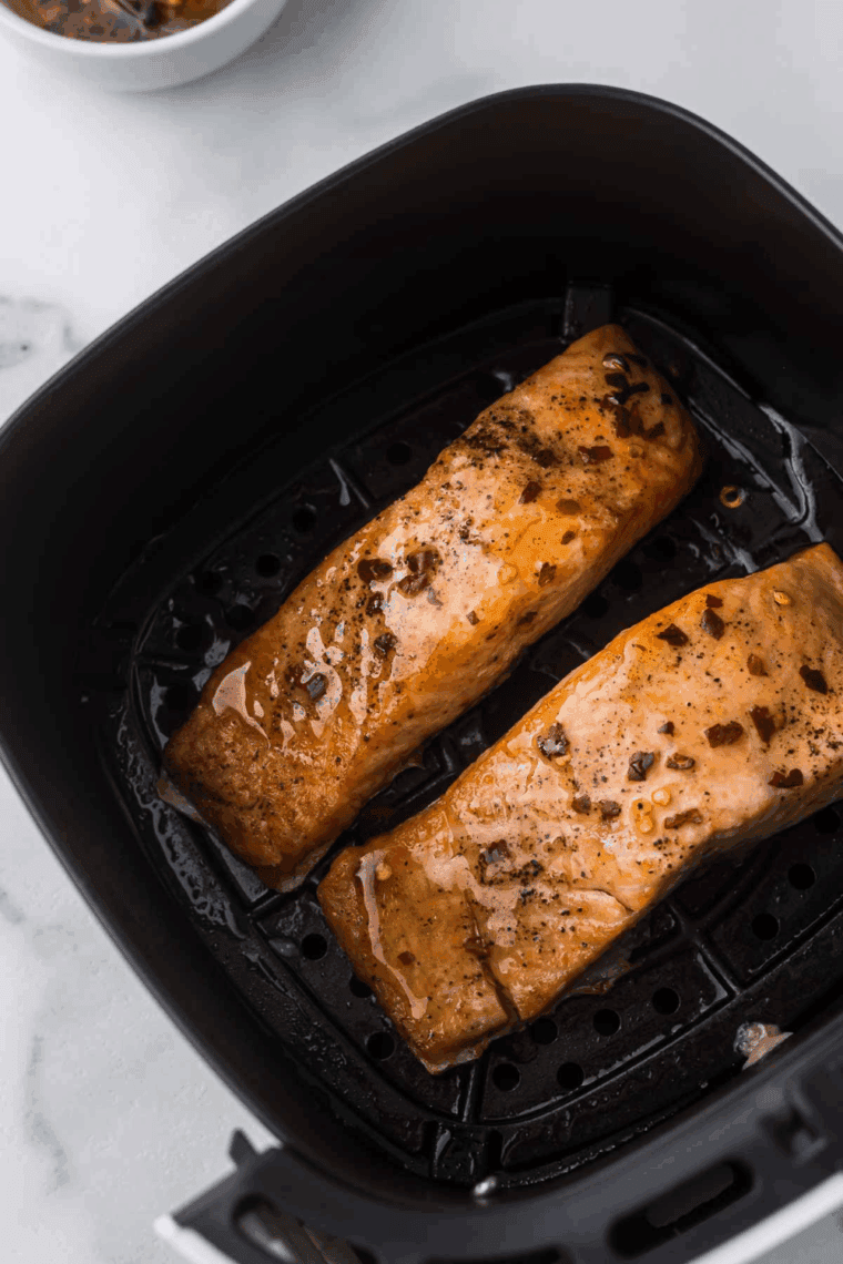 Air fryer maple glazed salmon fillets with golden caramelized glaze