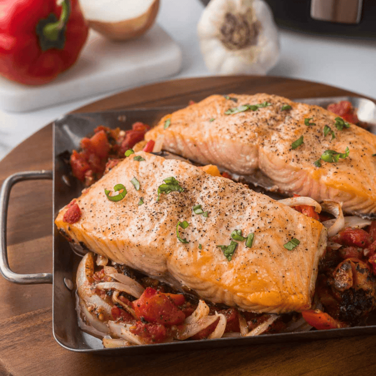 Air Fryer salmon fillet with creamy mushroom sauce served on a plate.