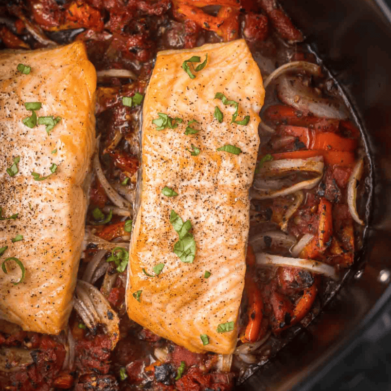 Air fryer salmon fillets topped with a rich and creamy mushroom sauce.