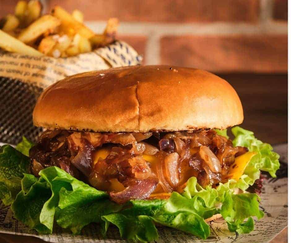 Air Fryer Caramelized Onion Gouda Burger
