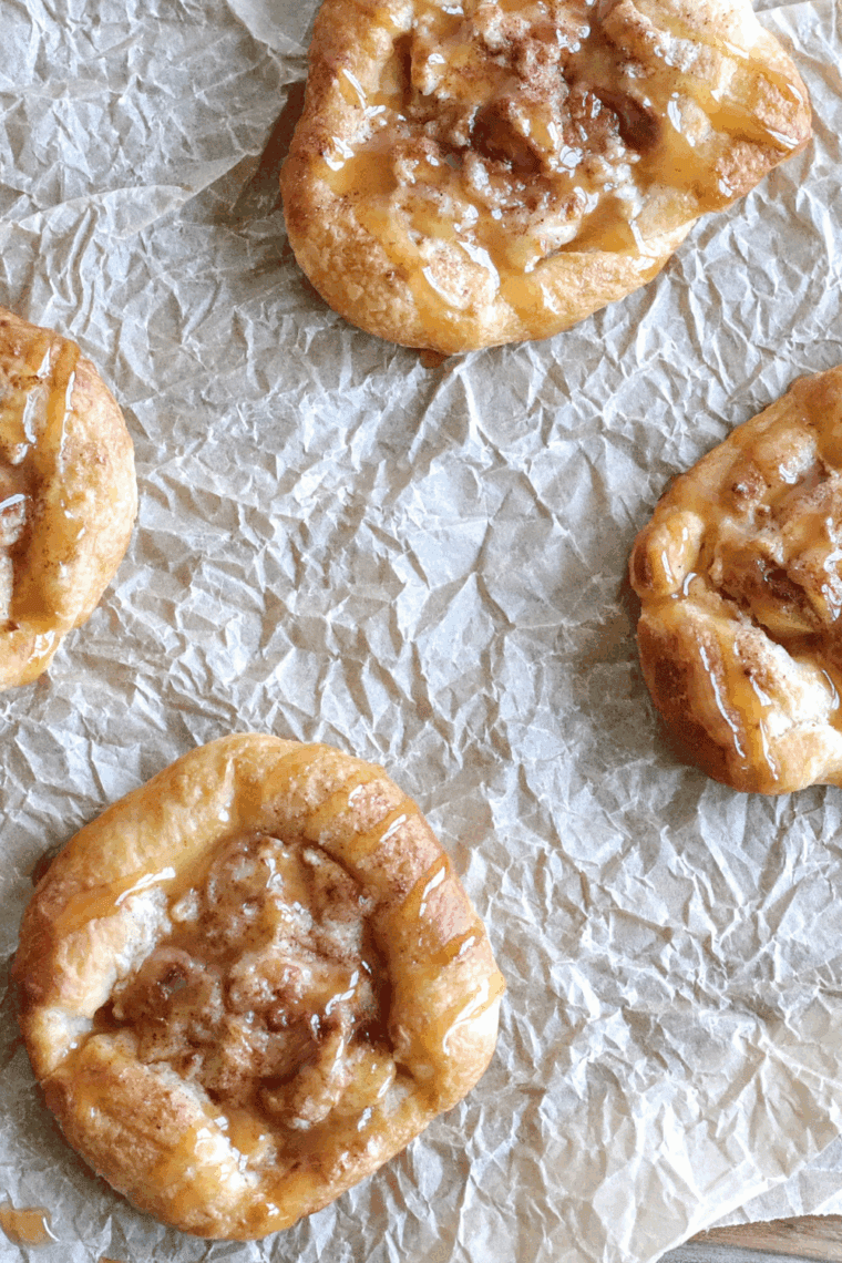 Golden, flaky apple Danish fresh from the air fryer, topped with sweet glaze.