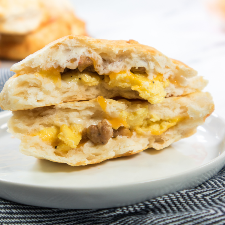Breakfast sausage, egg, and cheese sandwich on a toasted English muffin