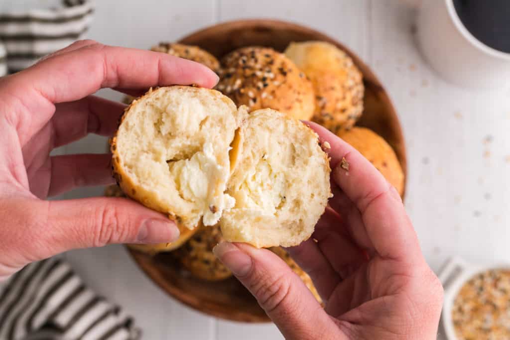 Bowl of Air Fryer Bagel Bites.