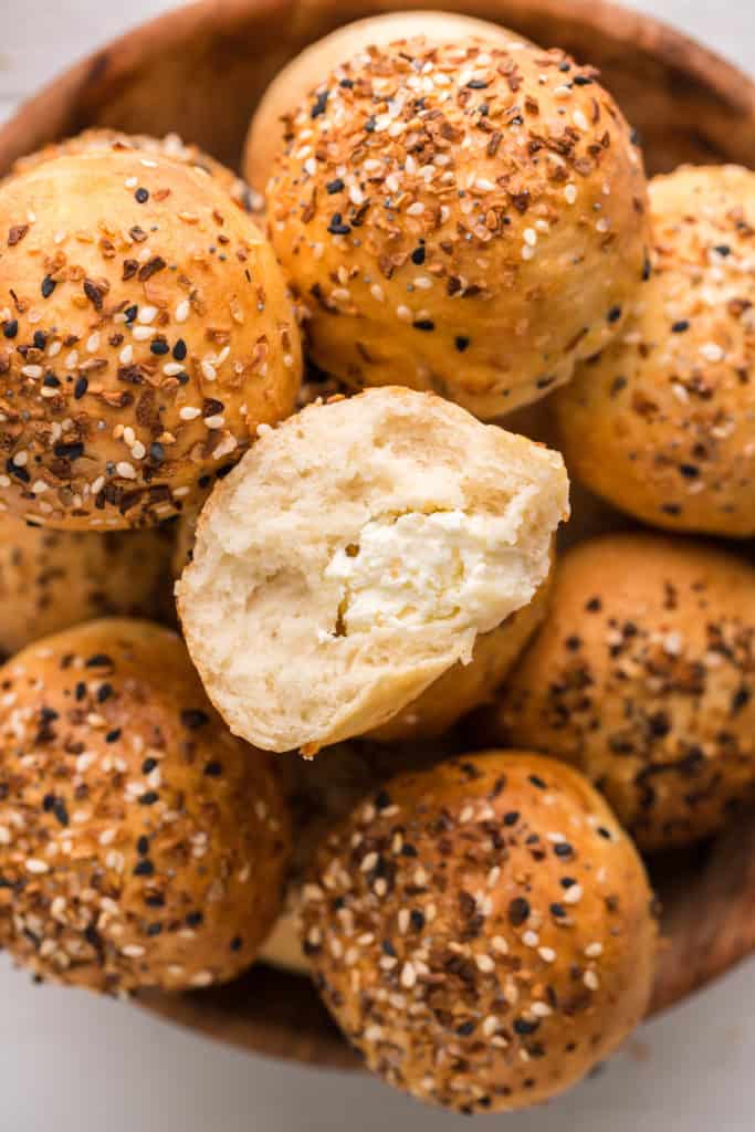 Bowl of dunkin bagel bites, with everything bagel seasoning.