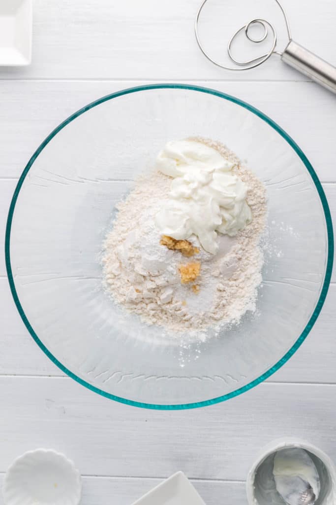 Mix Greek Yogurt, Flour and other ingredients in Bowl