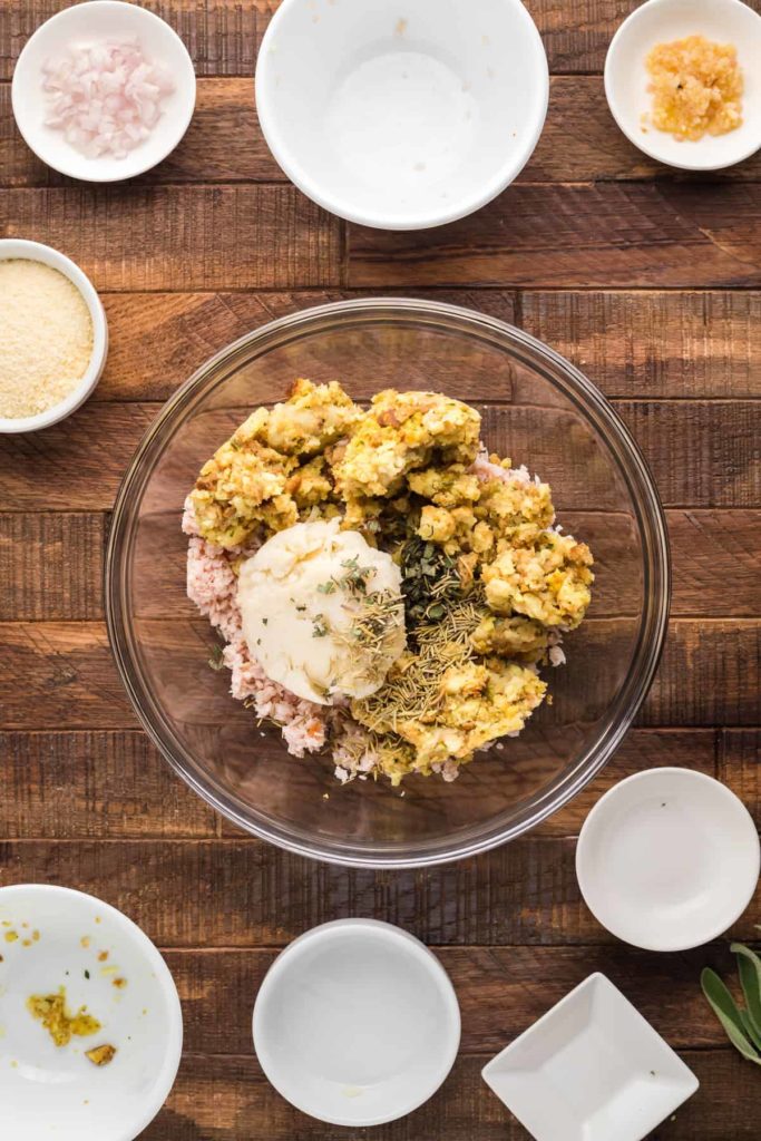 Mix Stuffing, Mashed Potatoes, Turkey Together in A Bowl