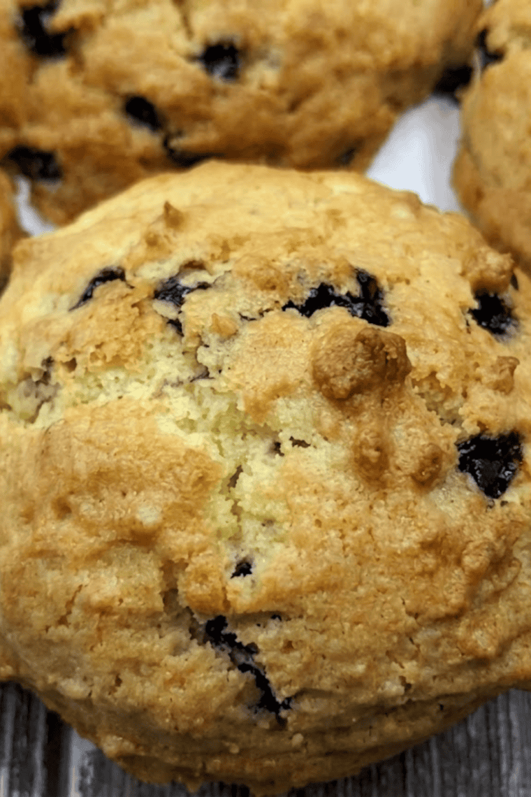 Golden, soft, and chewy blueberry cookies baked in an air fryer with fresh blueberries.