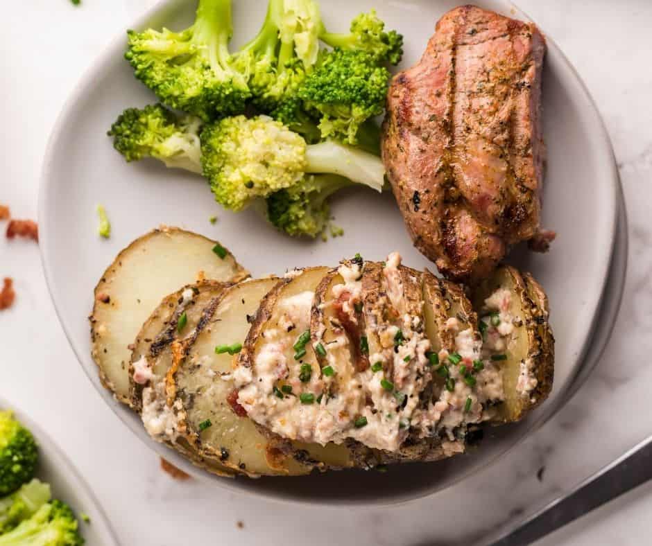 Air Fryer Hasselback Bacon and Bleu Cheese Potatoes