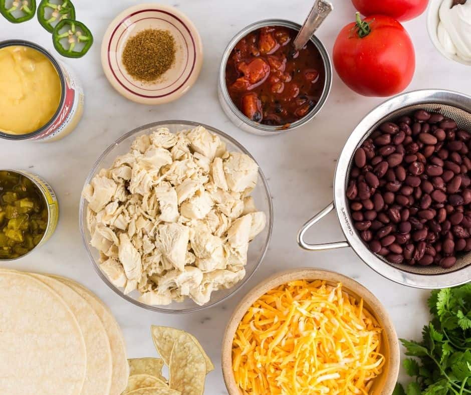 Ingredients Needed For Air Fryer Mexican Chicken Casserole on kitchen table.