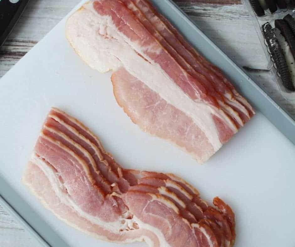 Ingredients Needed For Air Fryer Bacon Wrapped Oreos on wooden table.