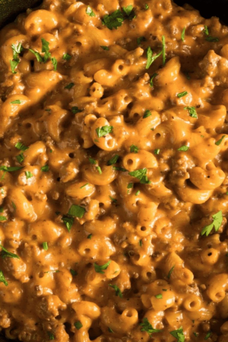 Creamy Instant Pot Hamburger Helper recipe with elbow pasta, beef, and cheddar cheese