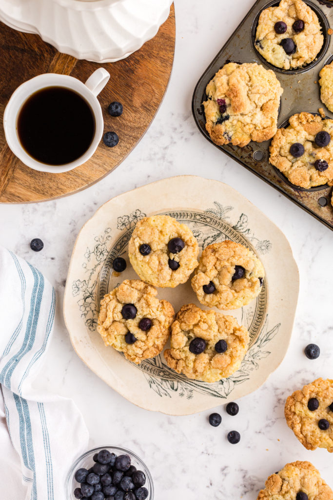 Freshly baked Air Fryer Sourdough Blueberry Muffins, golden brown with visible blueberries, arranged on a plate and garnished with a few whole blueberries on top.