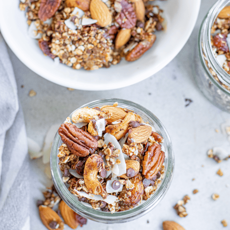 Bowl of healthy air fryer granola with milk for breakfast