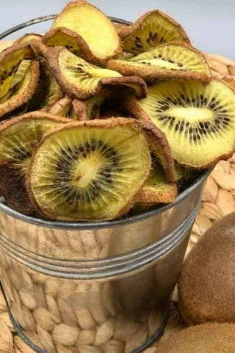 Crispy golden kiwi chips fresh and ready from the air fryer