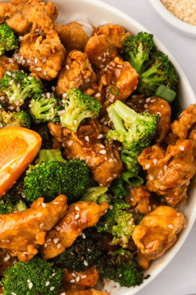 crispy mandarin orange chicken cooked in air fryer basket