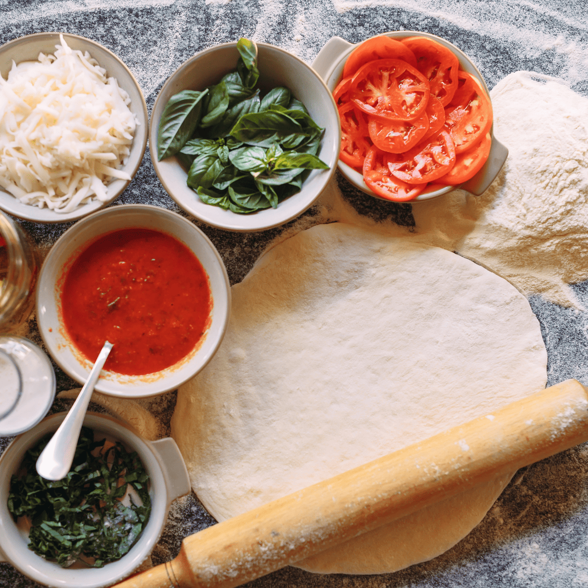Ingredients Needed For Air Fryer Pizza Dip on kitchen counter.