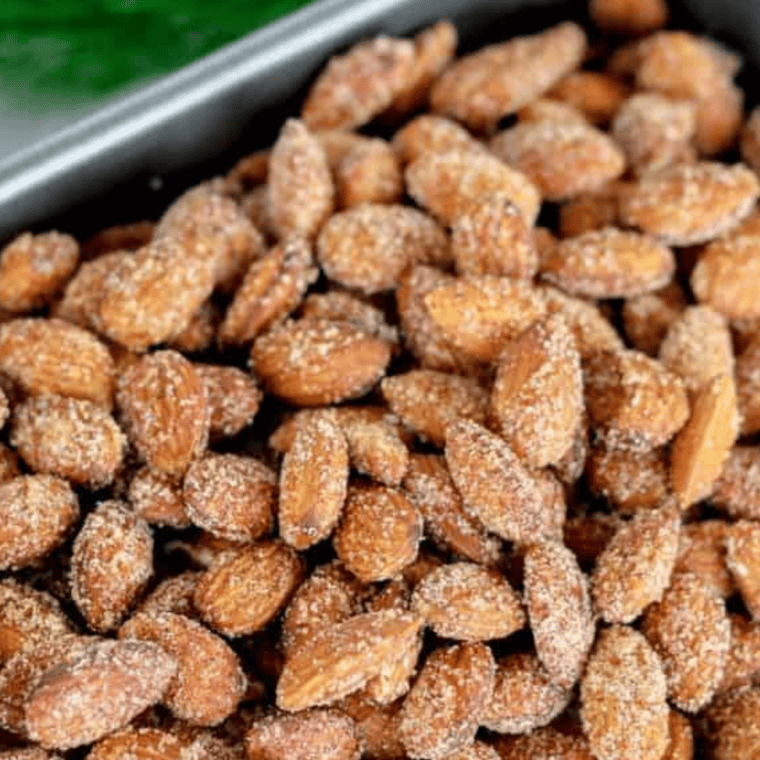 Close-up of sugar-coated roasted almonds with a crystallized sweet crust