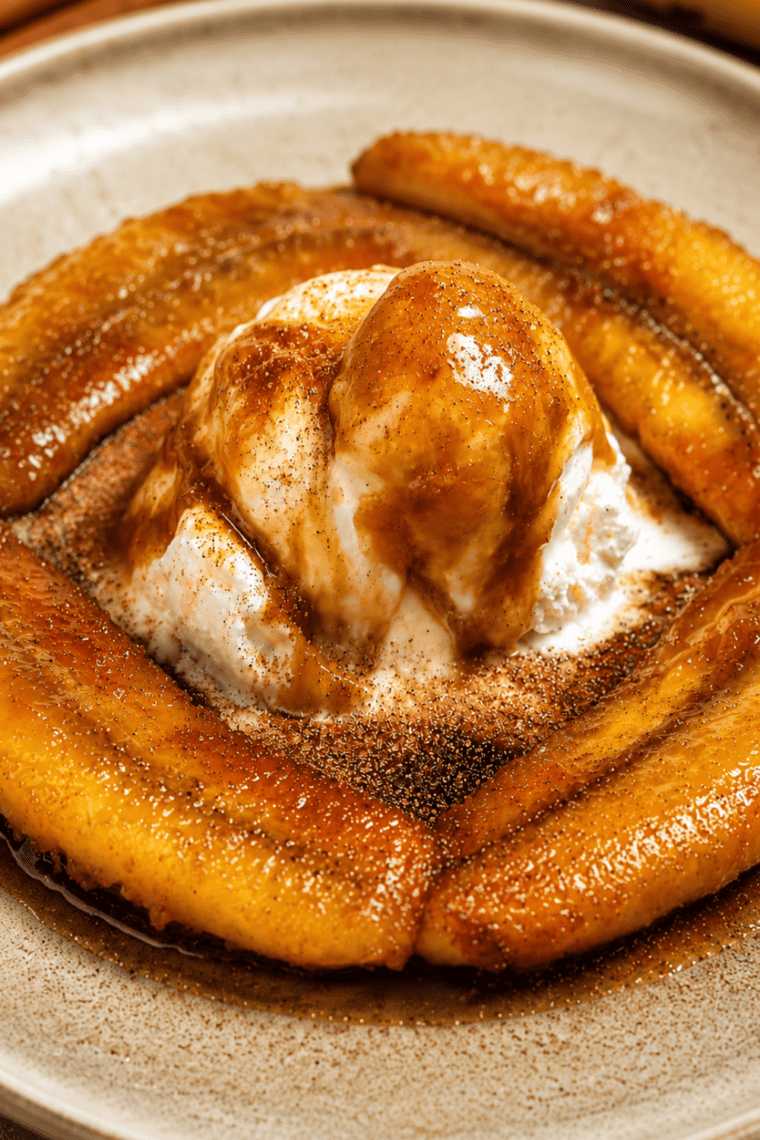 Plate of French toast topped with air fryer bananas foster and a dollop of whipped cream