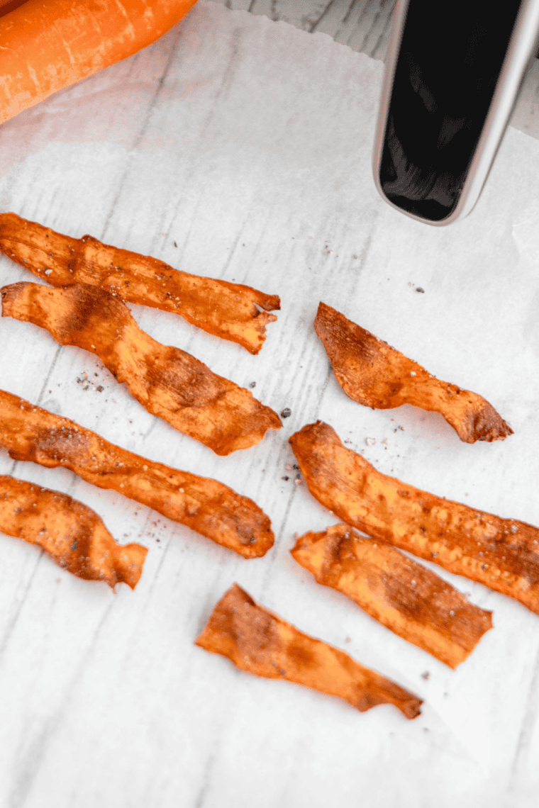 Air Fryer Carrot Bacon recipe pin — crispy vegan bacon made from carrots