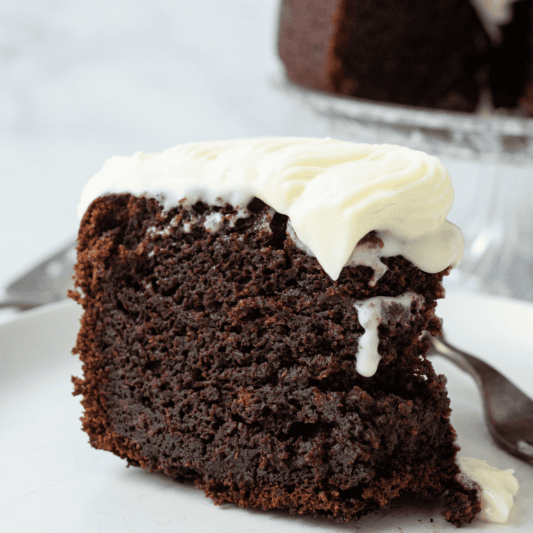 Slice of Air Fryer Flourless Chocolate Cake served with powdered sugar and chocolate topping.