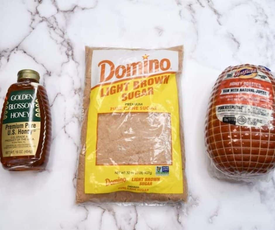 Ingredients Needed For Air Fryer Honey Glazed Baked Ham on kitchen table.